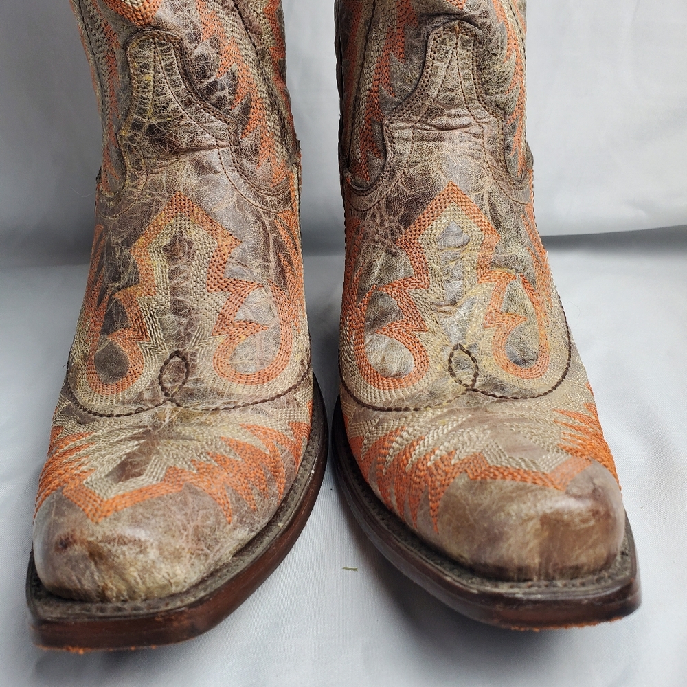 Corral Western Cowboy Boots with Orange and Brown Pattern Size 7 - Picture 8 of 10